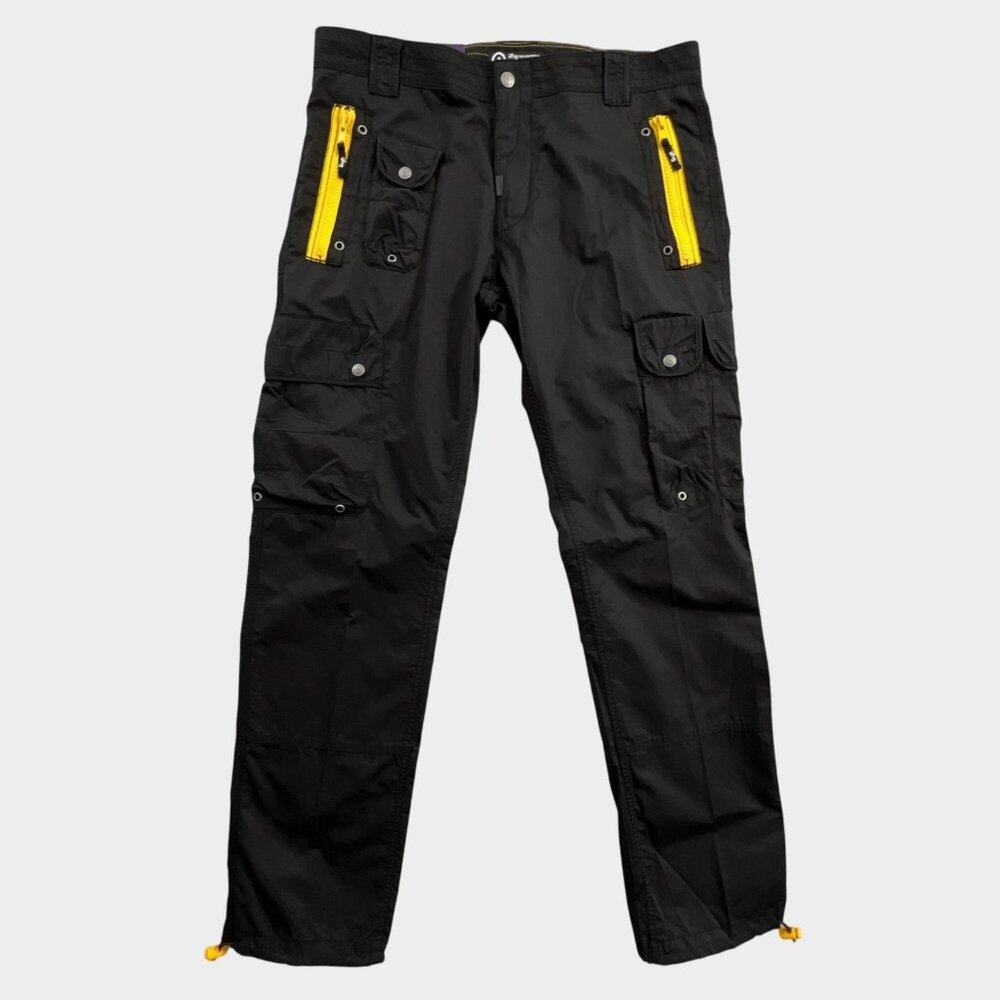 Vintage LRG Cargo Pants Mens 36 Black Yellow Zippers Nylon Goth Streetwear NEW